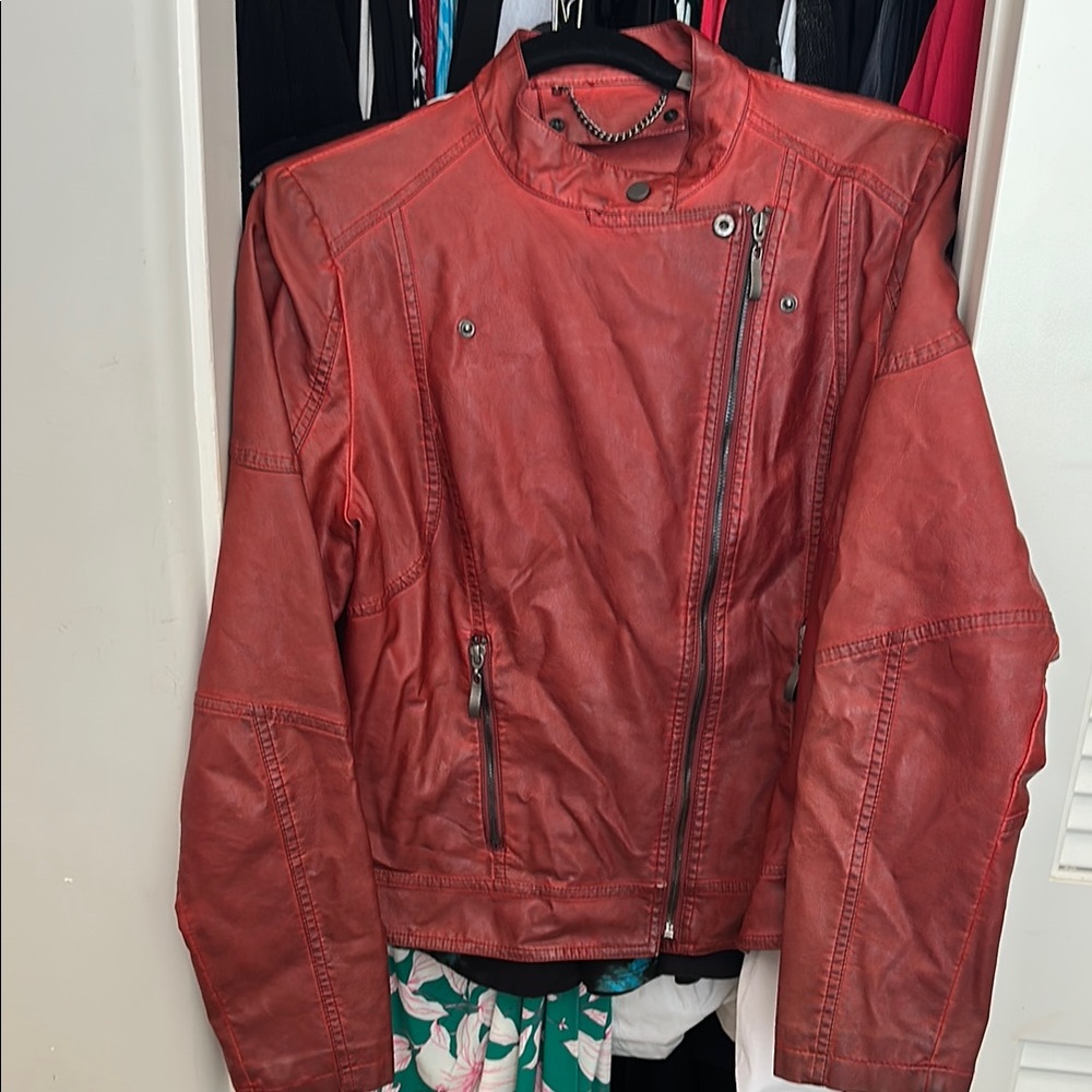 Red Vegan Leather Moto Jacket with Asymmetrical Zipper